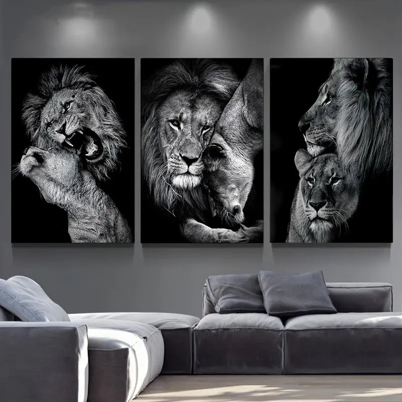 Lion Royalty – 3-Piece Black & White Canvas Set