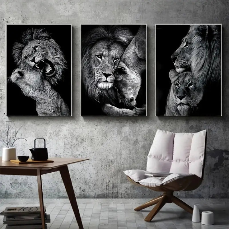 Lion Royalty – 3-Piece Black & White Canvas Set